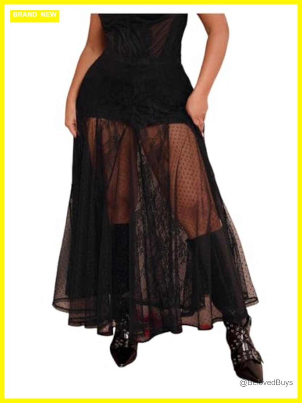 Plus Size Lace Mesh Sheer Maxi Skirt Flowy Flared High Waisted Tulle